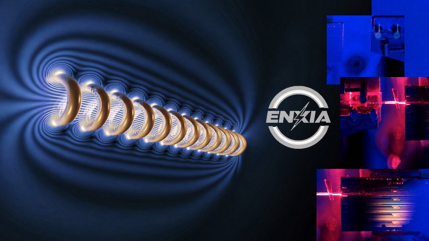 AISEG electromagnetic coil field, ENXIA mark, and laboratory imaging
